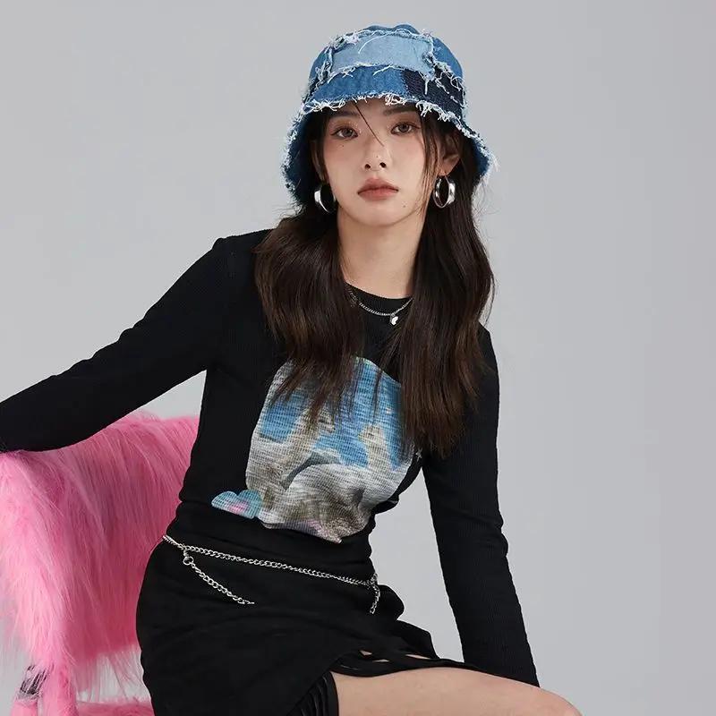 Japanese Niche Designer Bucket Hat Showing Small Face Retro Beggar Style Splicing Contrasting Color Denim Basin Caps for Women