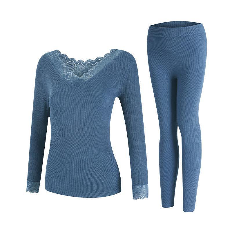 Autumn-Winter Lace Thermal Underwear Set: Seamless, Temperature-Controlled, Plus Velvet Base Sweater & Trousers for Women.