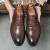 Men's Carved Brogue Leather Derby Shoes - Classic British Round Toe for Office and Weddings