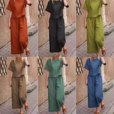 Solid Two-piece Set Crew Neck Casual T-Shirt & Wide Leg Pants Women's Clothing