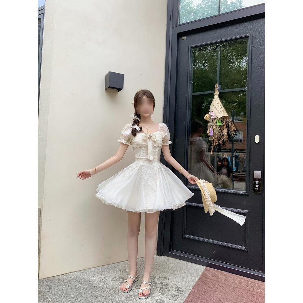 

White moonlight summer temperament waist women s small skirt printed bow dress women XL- (recommended 110-60kg)