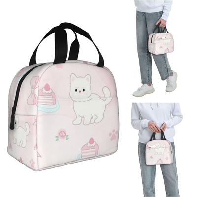 Cute Kitten With Bow Pattern Insulated Lunch Bag for Women Kids Leakproof Food Boxes Thermal Lunch Box Tote