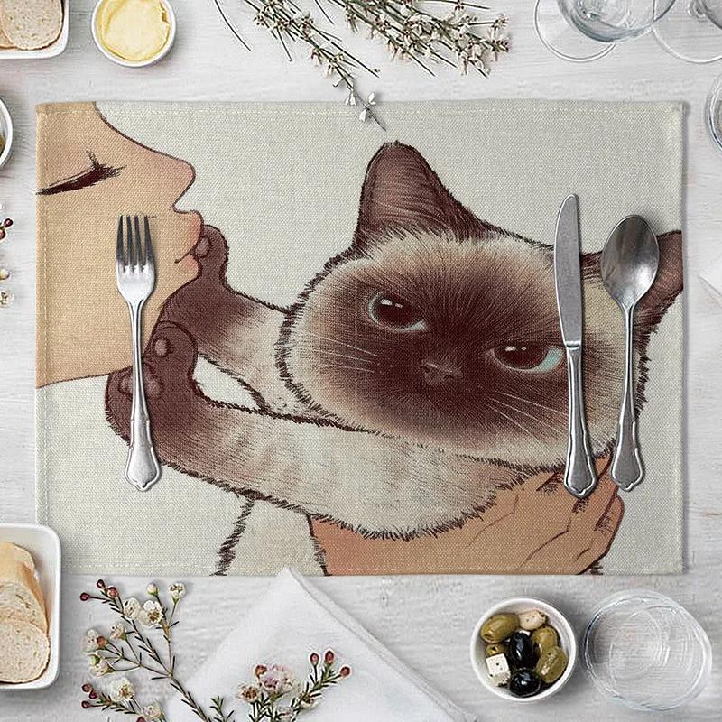 40x30cm Linen Cat Print Table Mat Cute Cat Cartoon Animal Pattern Placemats For Children Kids Kitchen Dining Place Mats Pads