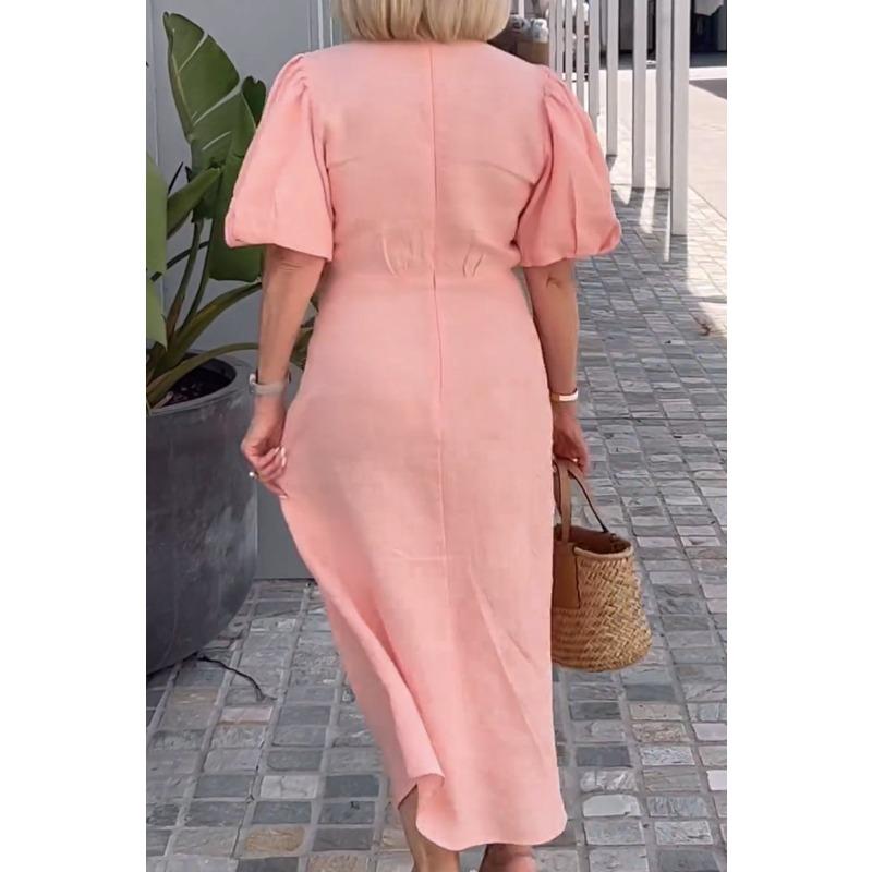 VEZFAA Women's Fashion Summer Spring Solid Color Print Short Sleeve V-Neck High Waist Casual Dresses