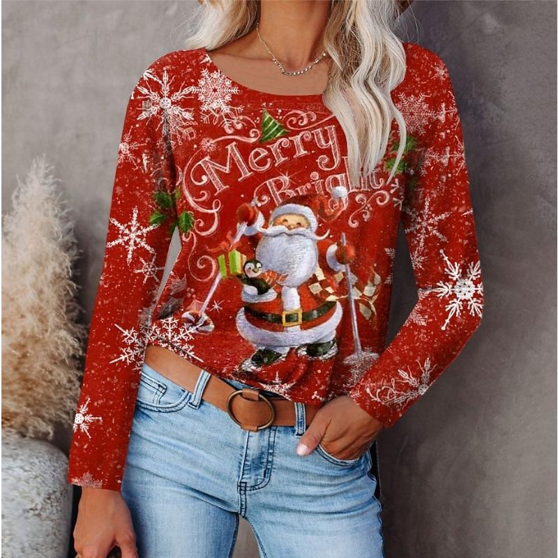 

Рождественская женская футболка Санта Клаус Снежинка Винтажная Стильная Классическая С длинным рукавом Круглый вырез Обычная Топы Принт на выходной день Черный Винно-красный Зима 2XL