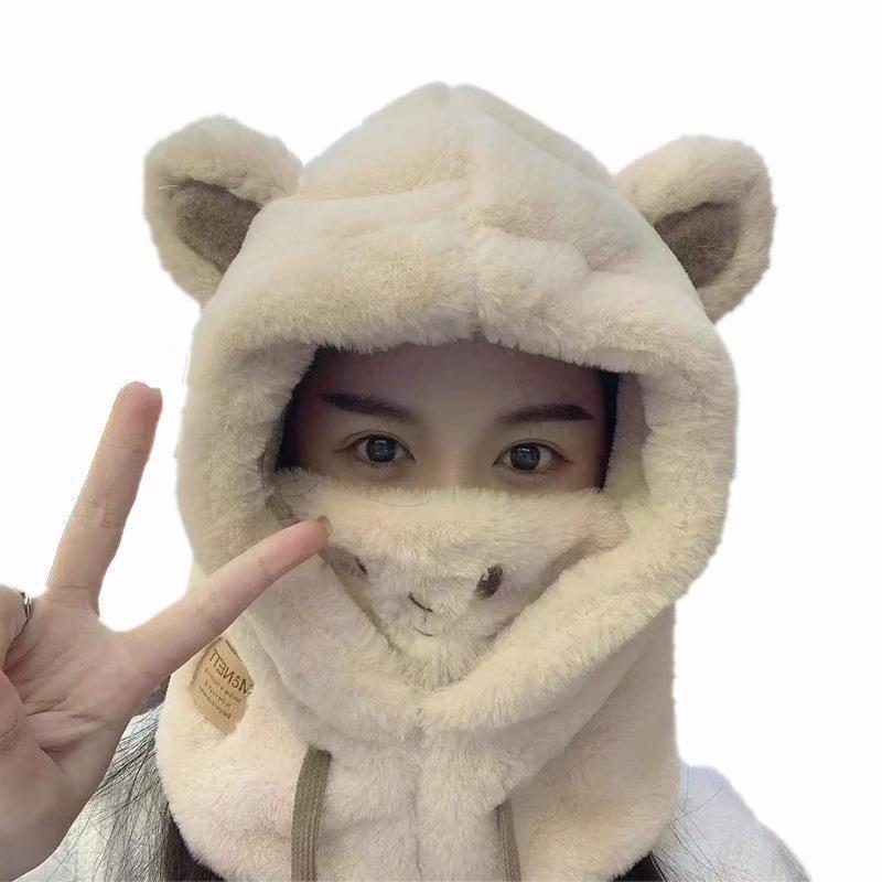Hat female autumn and winter warm knitted wool snow hat cycling mother fashion ear protection headgear scarf integrated hat