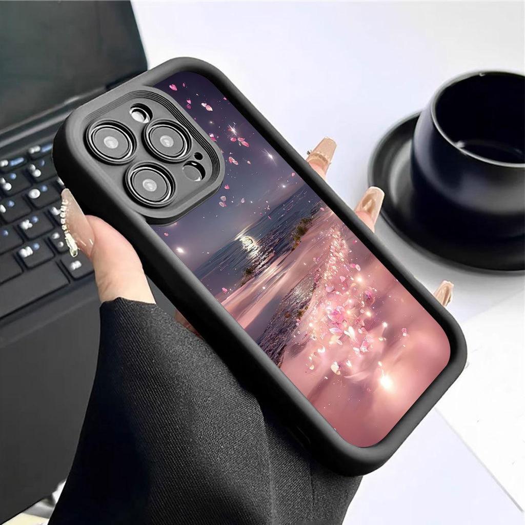 Seaside Flower Petal Road Black Concave Groove Phone Case for iPhone 14/15/16/17 Pro Max