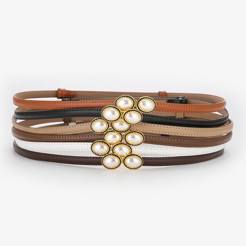 Ladies' Pearl Inlaid Adjustable Genuine Leather Belt - Trendy and Versatile for Dresses & Pants