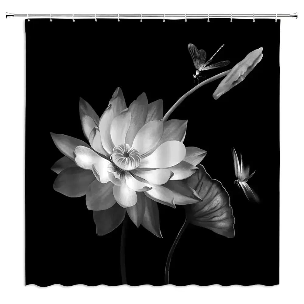 Lotus Shower Curtain BlackWhite Flower Magic Elegant Floral On Black Background Modern Simple Unique Art Women Bathroom Curtain