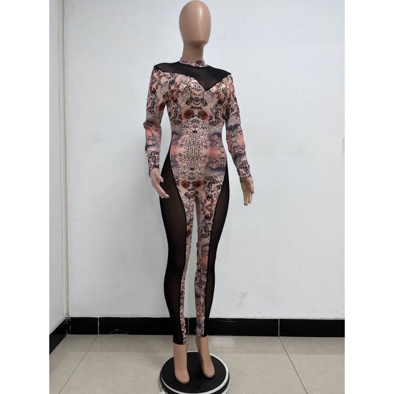 Women's Summer Mesh See Through Tight Print Patchwork Long Sleeve Jumpsuit
