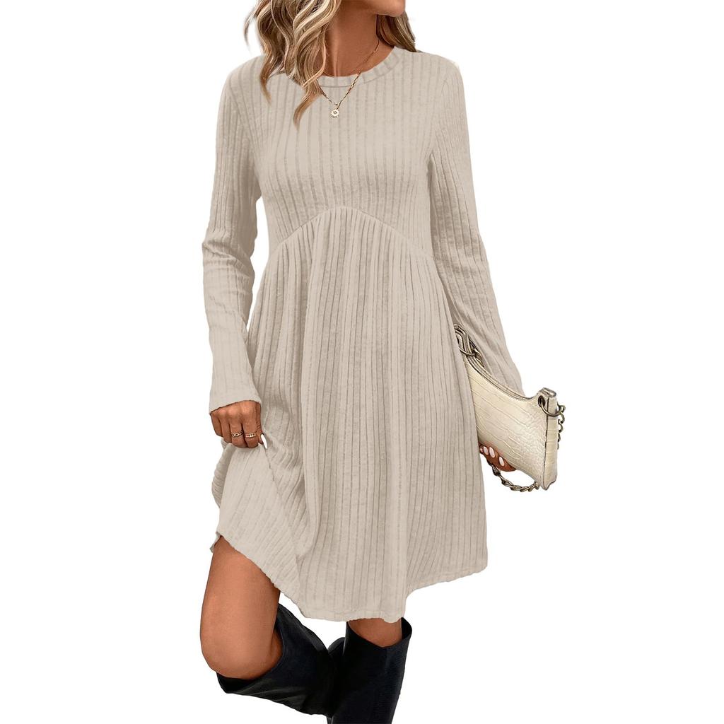 Women's Long-sleeved, Round-neck, High-waisted, Pocketed, Striped Dress