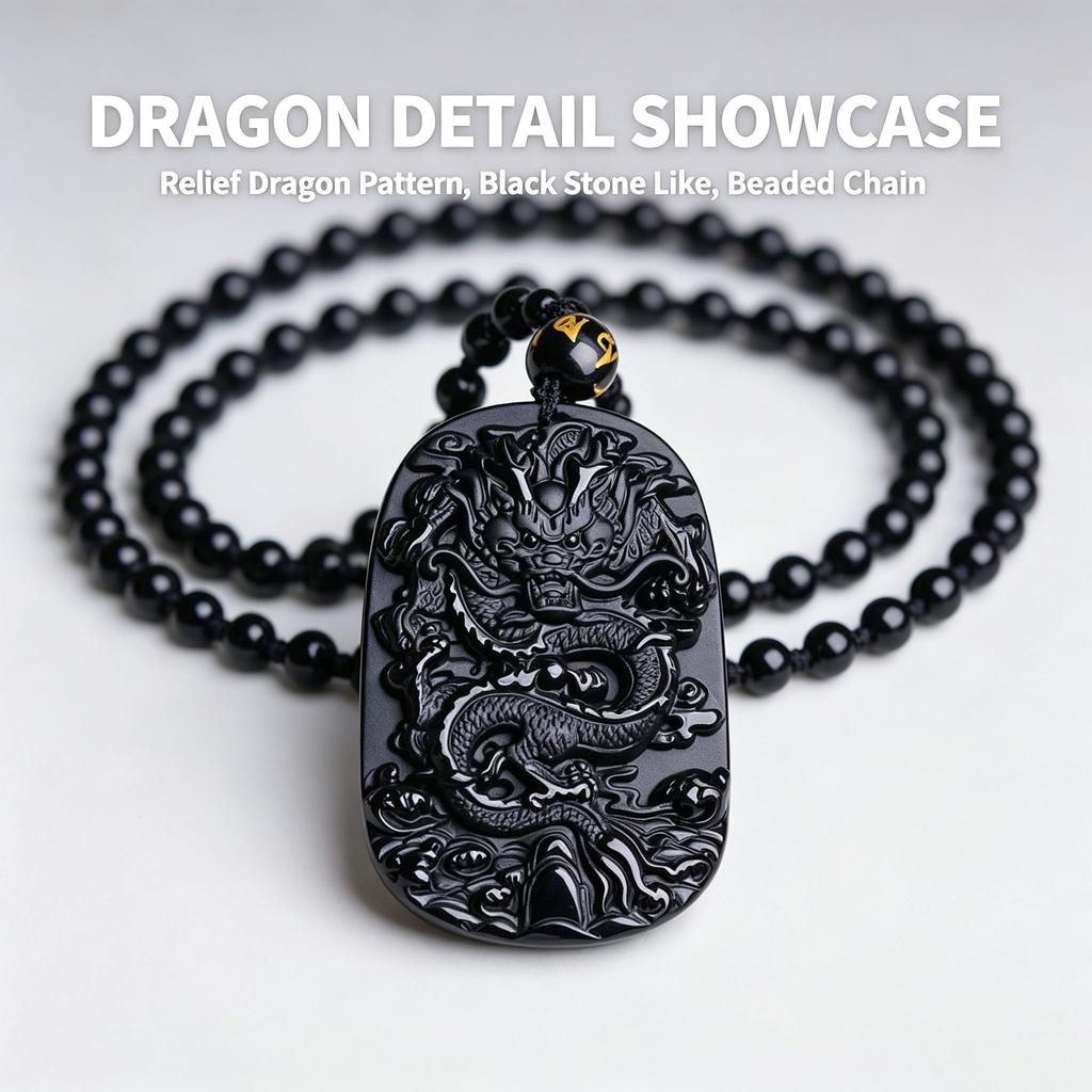 Natural Black Obsidian Chinese Dragon Pendant Jade Necklace Jewelry Amulet Lucky Mens Gift