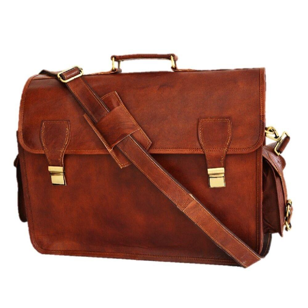 Goat Leather Messenger Shoulder Briefcase Men Laptop Satchel Vintage Genuine Bag