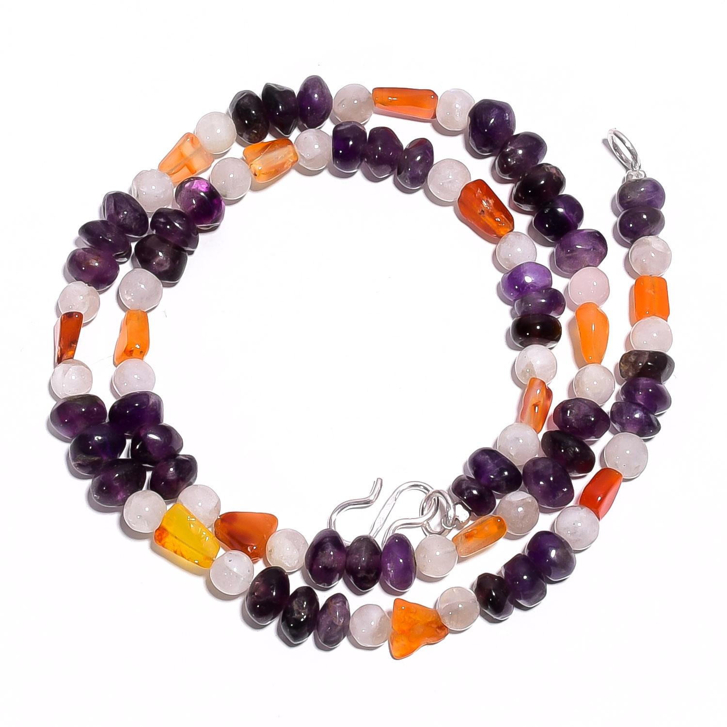 

Natural Amethyst Carnelian Moonstone Gemstone Smooth Beads Necklace 17 UB-4636 UB-4636