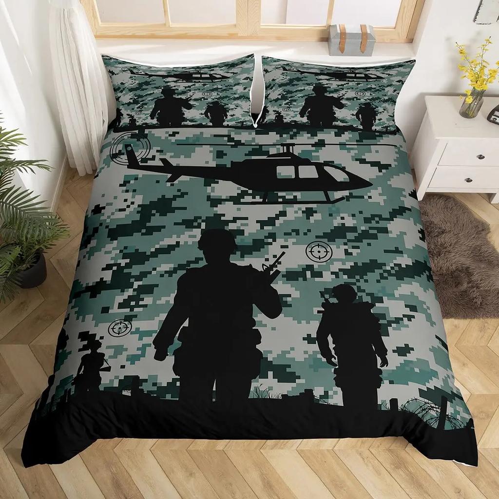 Boys Army Green Duvet Cover Set Full King Size,Classic Camouflage Bedding Set,USA Soldier Silhouette Comforter Cover Quilt Cover