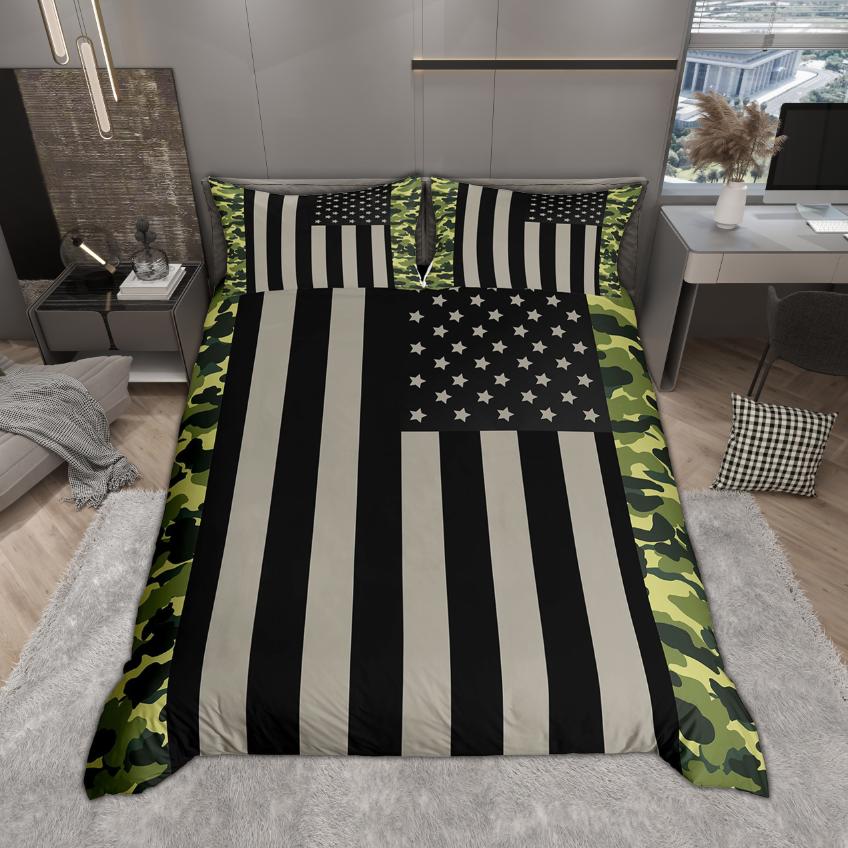 Homewish American Flag Print Duvet Cover Set For Boys Men 2Pcs/3Pcs Geometry Camouflage Bedding Set Reversibal Bed Cover Set