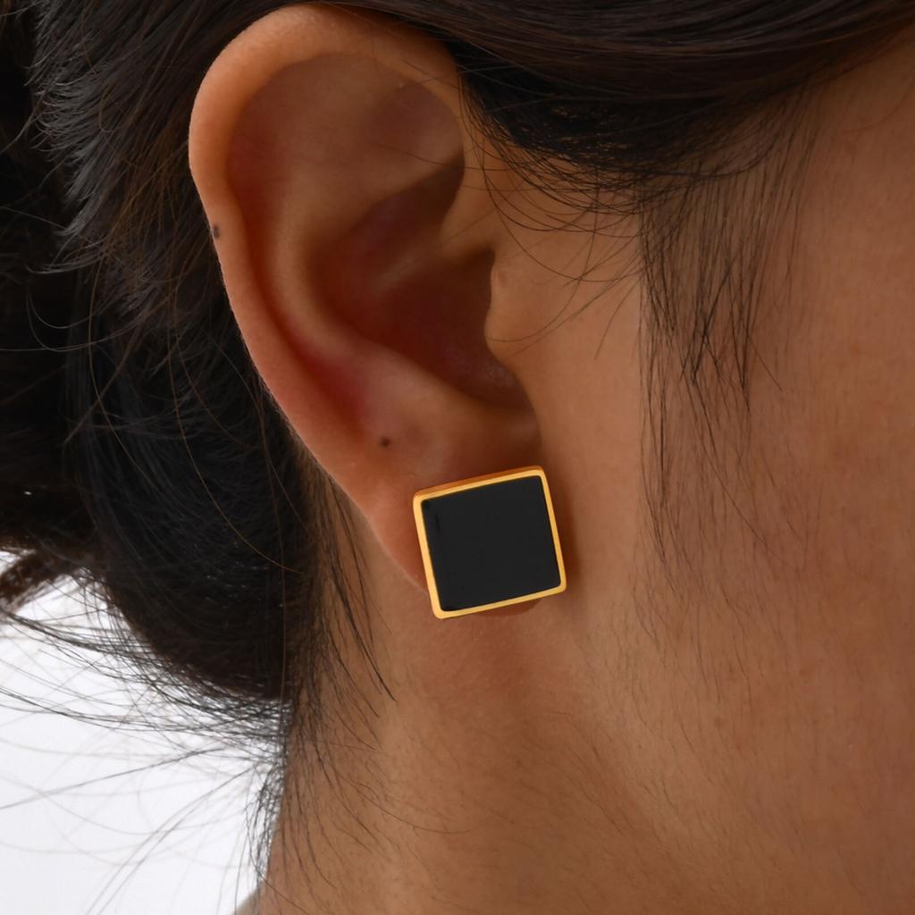 Black Square Stud Earrings for Men Boys,Casual Stainless Steel Earrings with Butterfly Earplugs,Stylish Jewelry Gifts