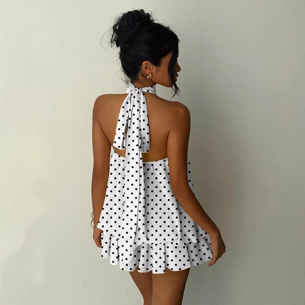 2026 European and American women's elegant new polka dot printing backless suspender mini dress