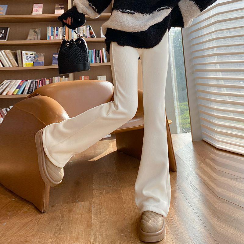 Women's White Wide-Leg Fleece-Lined Pants - High-Waisted, Slightly Flared, Thickened for 2024 Autumn/Winter