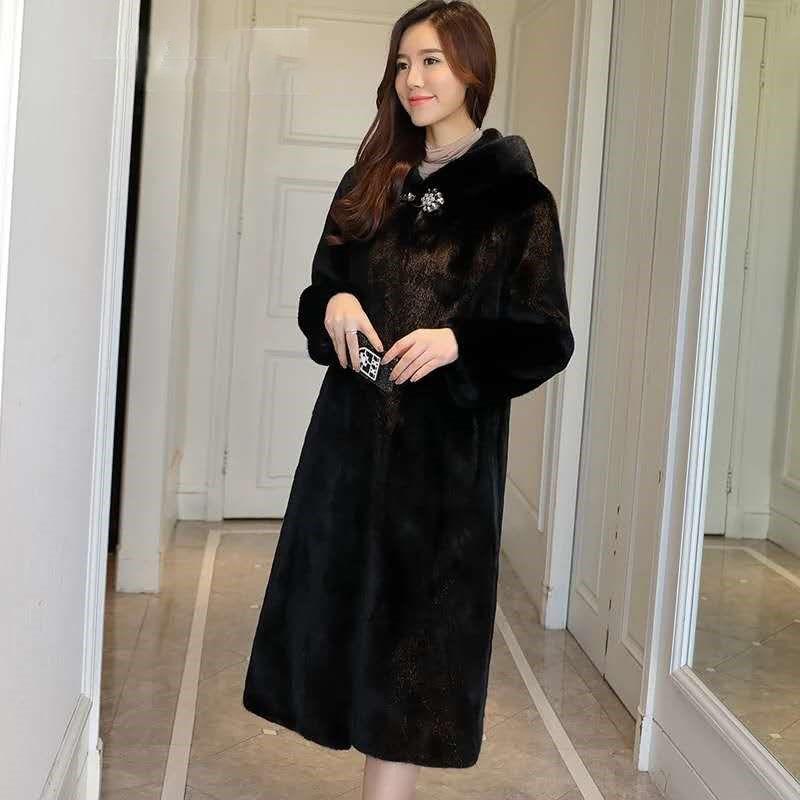 Imitation Fur Coat Women's Imitation Mink Velvet Imitation Fur Coat Women's Long Hooded New Autumn and Winter Thickened Slim Fit