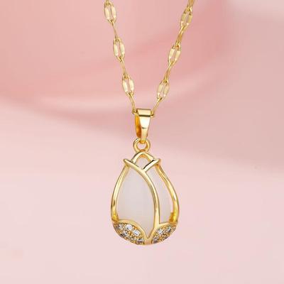 Elegant Titanium Steel Tulip Necklace with Cat's Eye Stone and Diamond Pendant - Non-Fading Jewelry for Women
