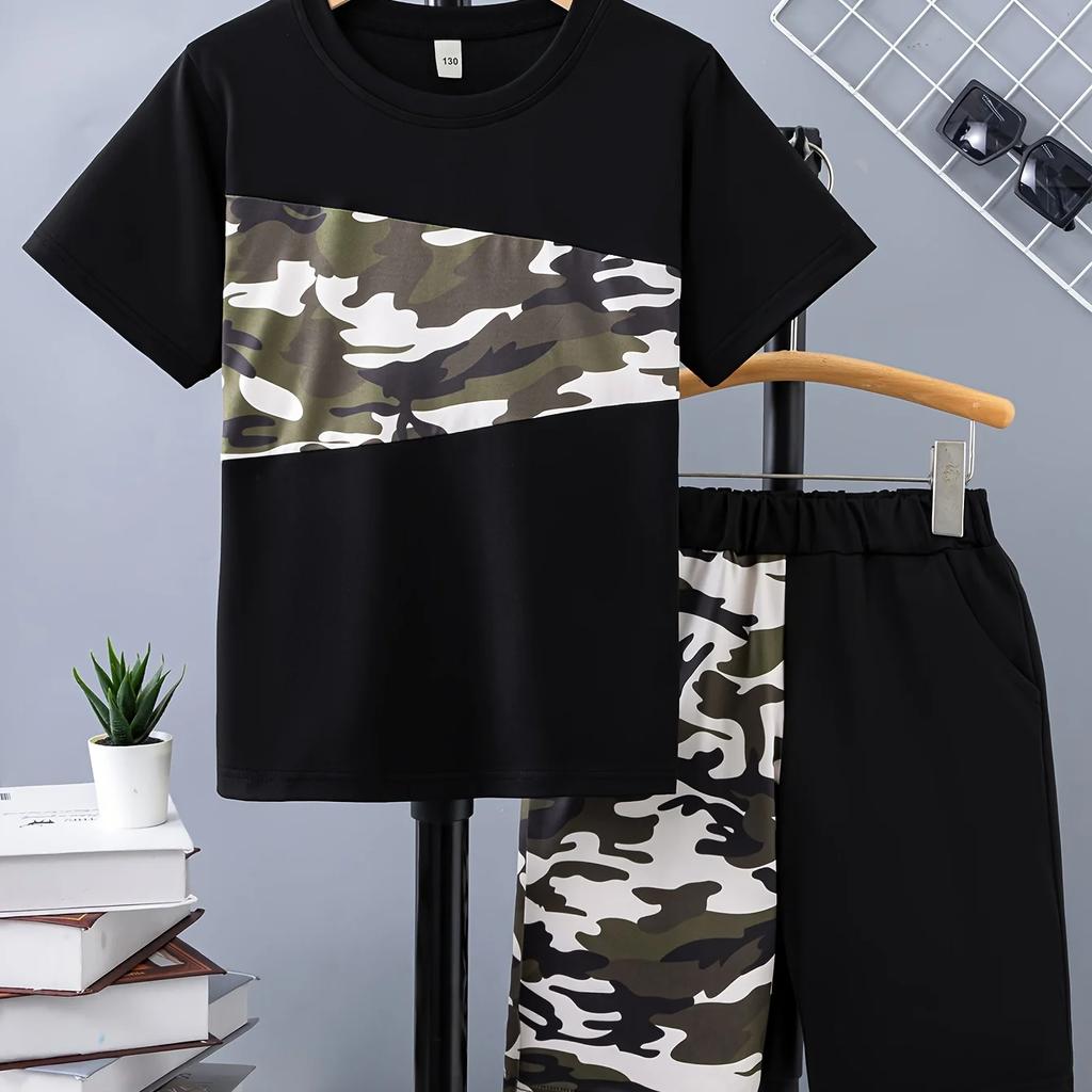 2pcs Boys Casual Cool Camouflage Short Sleeve T-shirt & Shorts Set, Comfy Summer Kids Clothes
