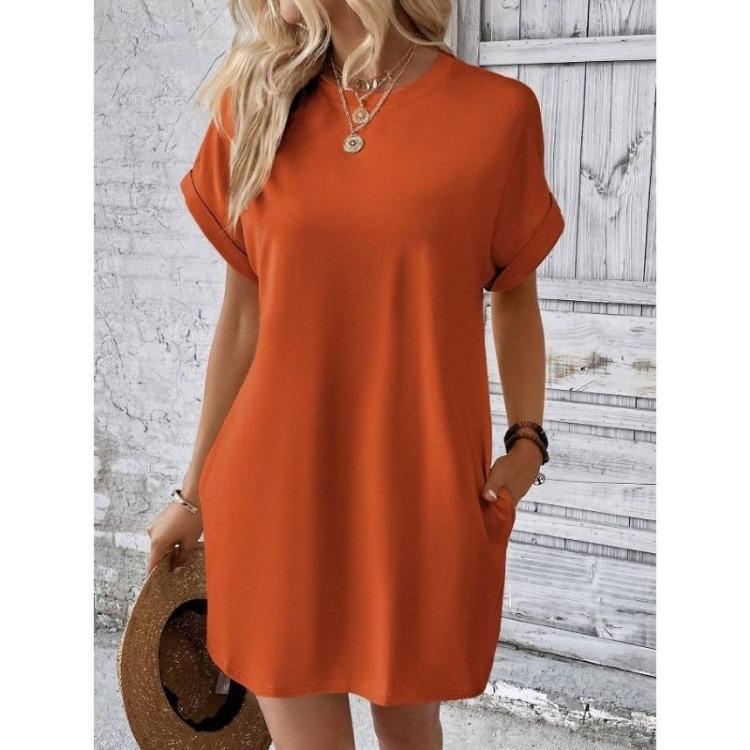 Summer Casual Women Dress Loose Round Neck Short Sleeve Pocket Breathable Solid Color Spring Fashion New