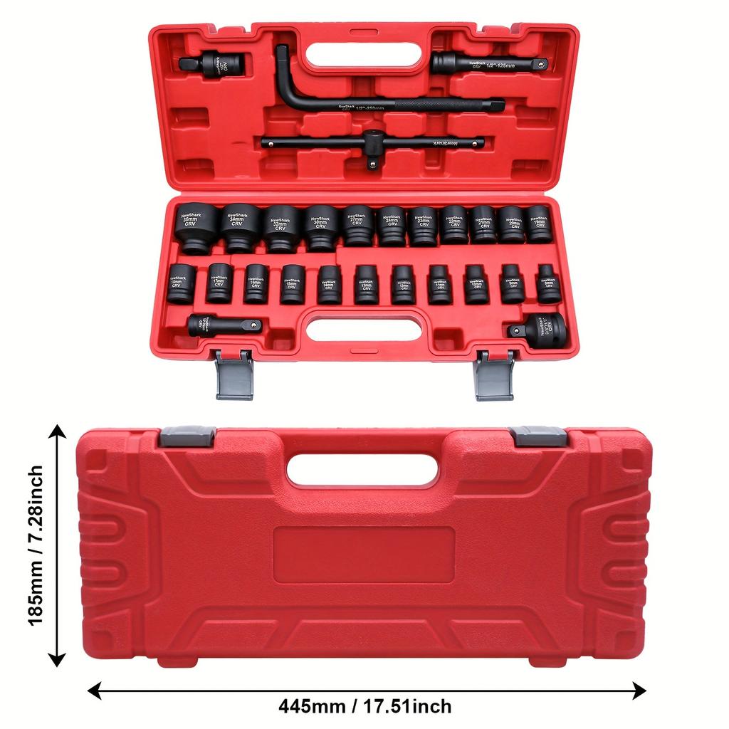 1/2 Inch Drive Socket Set,28 Piece Impact Socket Set,CR-V,Includes Universal Joints and Impact Extension Bars,T-head Breaker Bar