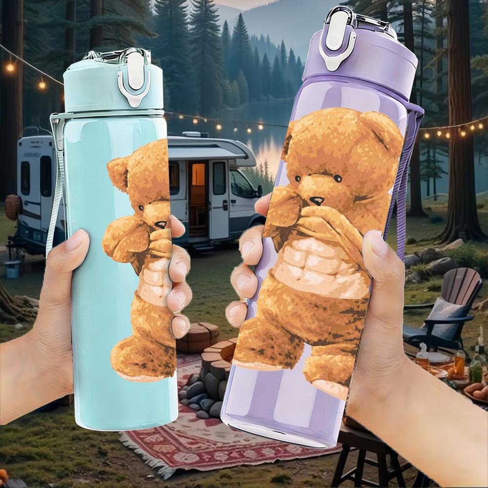 1 Stück Süßer Brauner Teddybär Cartoon-Druck 750ml Tragbare Sport-Wasserflasche Auslaufsicher Fitnessstudio Outdoor Reise Trinkbecher