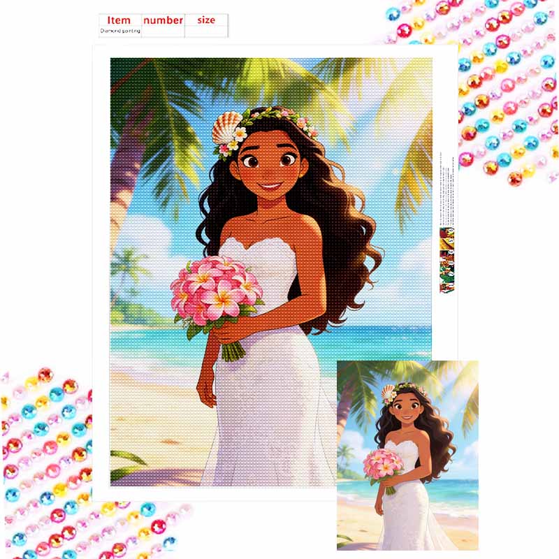 Disney diamond painting handmade diy flat 5D Moana bride tropical beach floral wedding portrait painting art home decoration Round 20x30cm