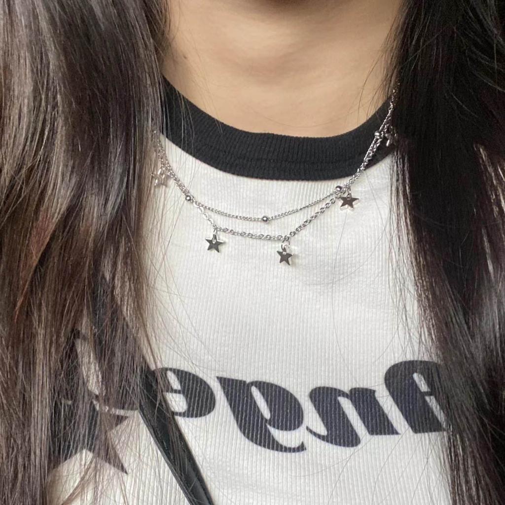 Double Layer Star Beaded Chain Necklace Elegant Alloy Material Neckwear Star Pendant Choker Suitable for Party Daily