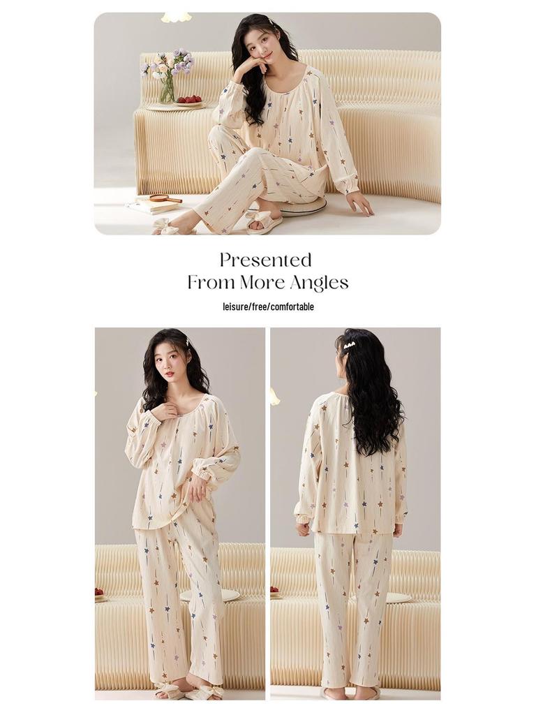 Dámské bavlněné pyžamo s dlouhým rukávem s kresleným potiskem na rok 2024: Tenký, nositelný venku, ideální pro podzim/zimu/jaro