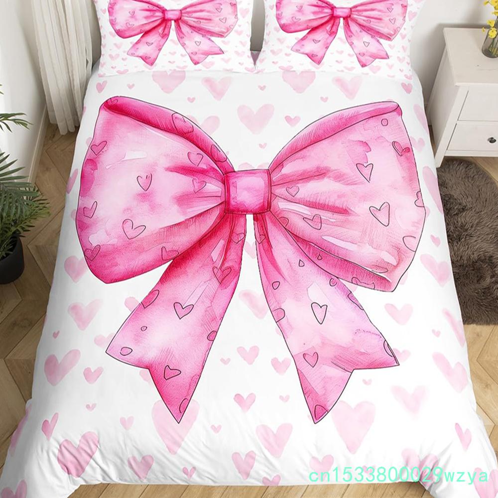 Bowknot Girlish Duvet Cover Cherry Cake Cartoon Bedding Set Cute Dots Love Heart Bow-tie Comforter Cover,Pink Kawaii Quilt Cover