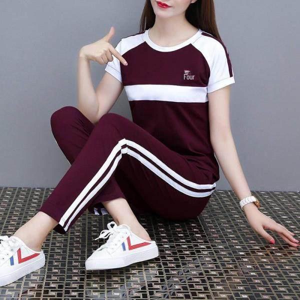 

Модный женский костюм-двойка больших размеров: Топ с короткими рукавами и укороченные брюки — стильный, свободный крой, облегающий дизайн 4XL красный/винный