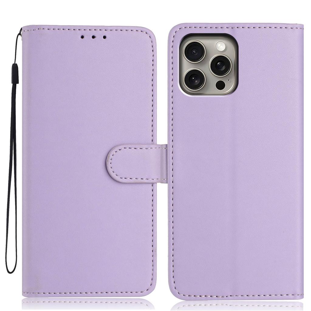 For iPhone 15 Pro Max Wallet Case with Strap/Multiple Card Slots Solid Color Leather Stand Phone Cover