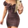 Robe Mini Slim Décor Nœud Papillon Doux Imprimé Carreaux Épaules Dénudées Robe Bodycon Vêtements Féminins