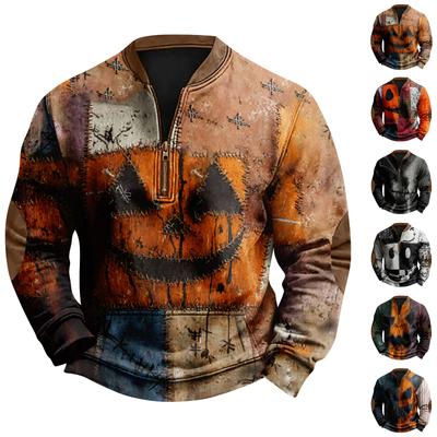 Men's Casual Fashion Christmas Printed Hoodless Sweatshirt Wide Men's Loose Button Stand Collar Hooded Sweatshirt