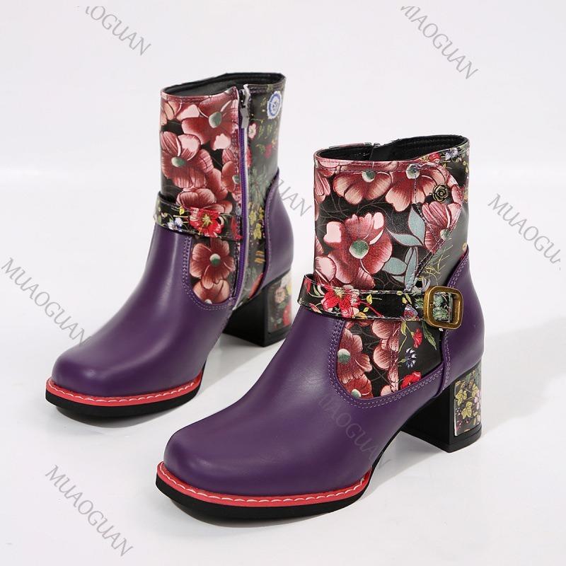 Fashion Women's Short Boots Flower Printed Patchwork Round Toe Thick Bottom Women Shoes Fashion Chunky High Heel Belt Buckle Botas Mujer