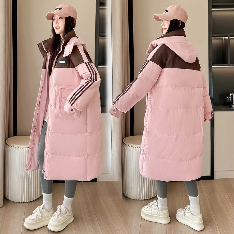 Fashion Down Cotton-padded Clothes Women's Hooded Jacket Over the Knee Loose and Thin Contrasting Colors Long Cotton-padded Jacket Trendy