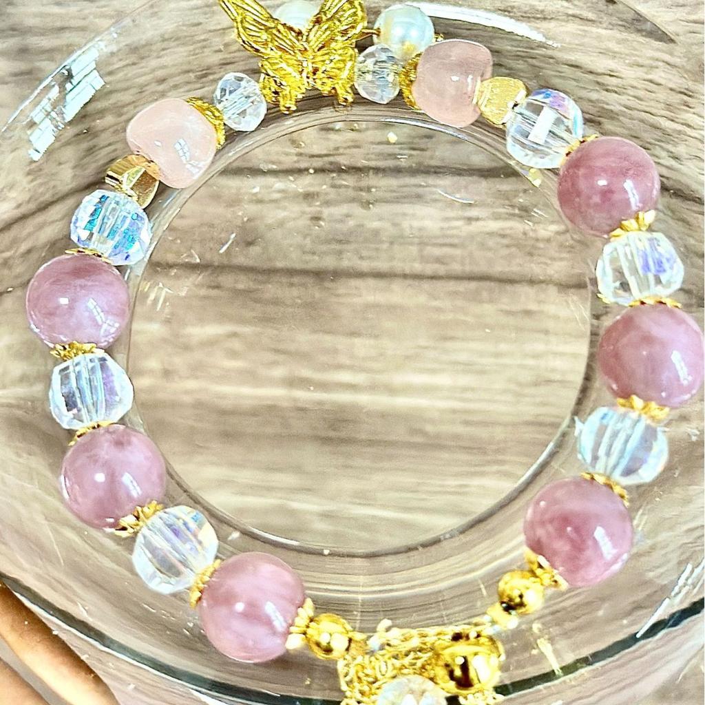 Natural Five Elements Multi-Gemstone White Crystal, Amethyst, Green Phantom Quartz, Strawberry Quartz Multi-Gemstone Single-Strand Bracelet for