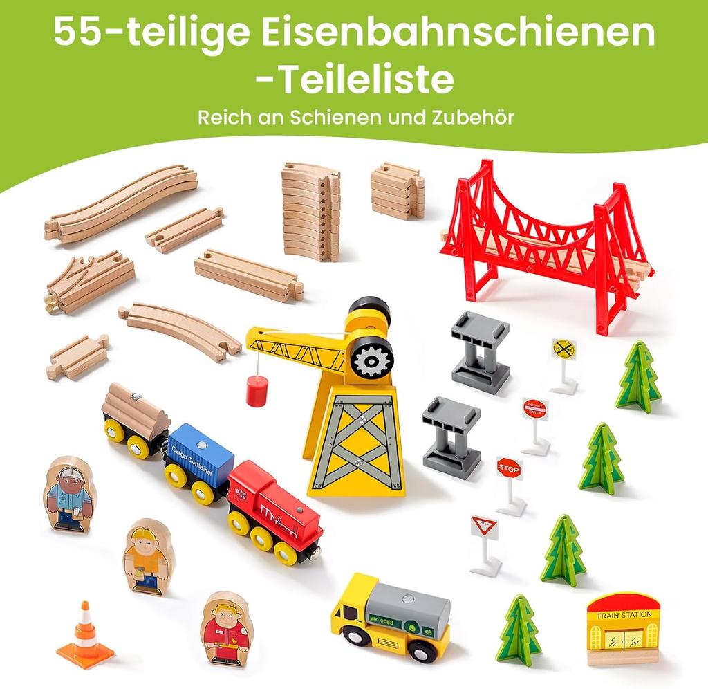 Tiny Land 55 Pieces Wooden Train Set: Wooden Railway with Crane, Combinable Toy & Accessories. Fits All Large Brands, for Children 2-5 Years
