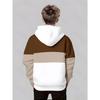 Minimalist boys' hooded sweatshirt with classic three color patchwork design, in beige, light coffee, and brown
