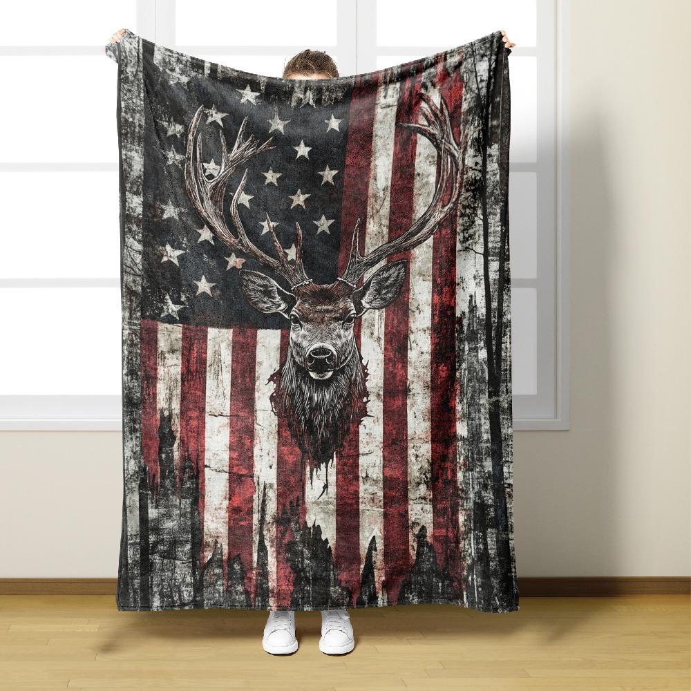 

Vintage USA Flag & Elk Head Blanket Warm Cozy Soft Flannel Throw Blanket for Sofa Bed Rustic Outdoor Themed Decor Gift Blanket 130x150cm