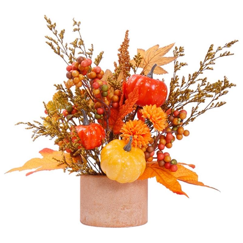 

Tabletop Autumn Centerpieces Realistic Pumpkins With Realistic Maple Leaf Arrangement And Wheat Stalks Display оранжевый