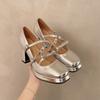 Waterproof Table High Heel Silver Mary Jane Shoes Women's Word with Square Head Single Shoes Bow Thick Heel Super High Heels Wedding Shoes