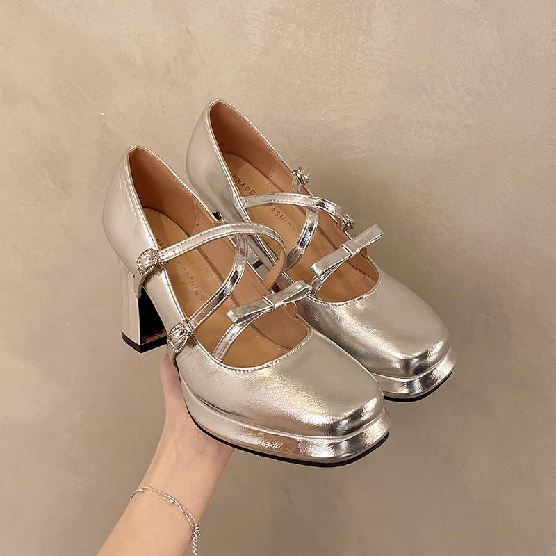 Waterproof Table High Heel Silver Mary Jane Shoes Women's Word with Square Head Single Shoes Bow Thick Heel Super High Heels Wedding Shoes