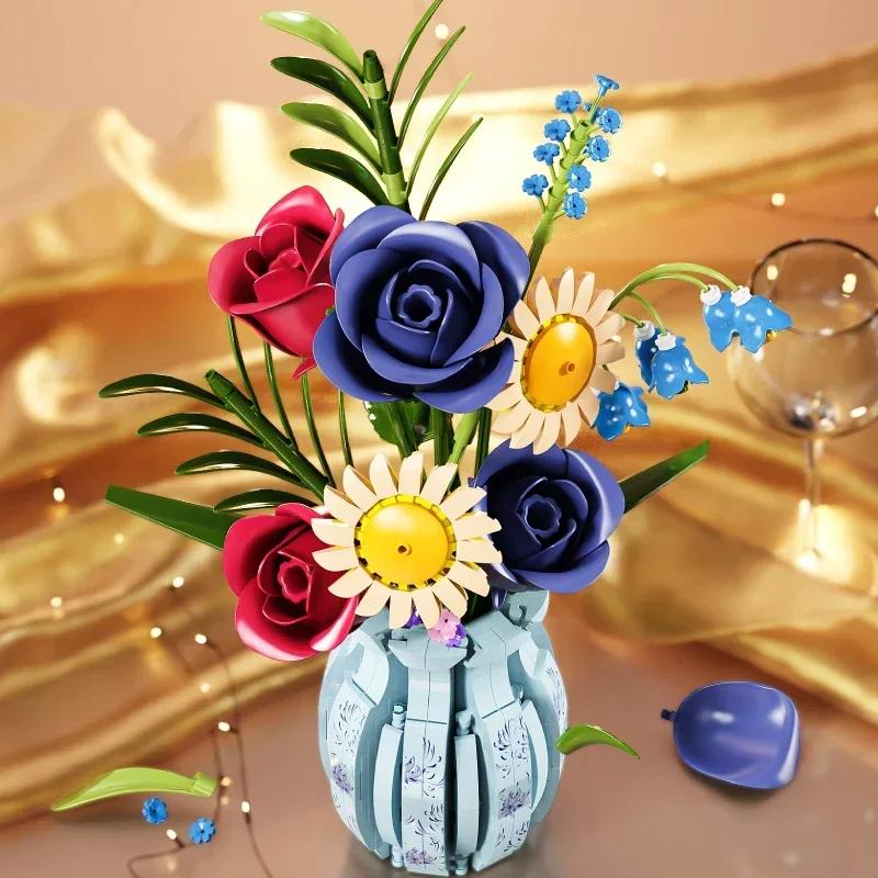 Creative Rose Building Blocks Set Model Flower Pot Decorative Bouquet Model DIY Toys For Kids Valentine's Girl Holiday Gifts