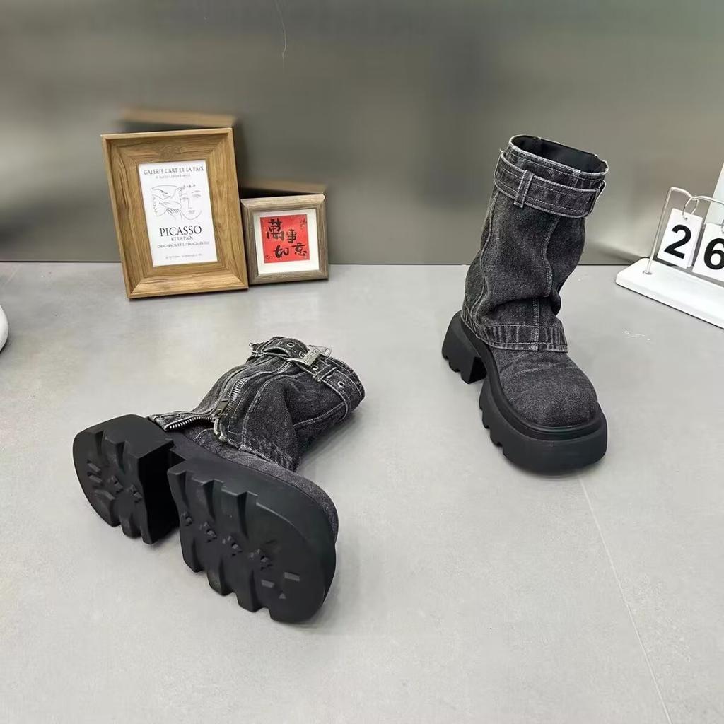 Designer Denim Women Ankle Boots Fashion Elegant Side Zippers Belt Buckle Shoes Thick Heel Women's Morder Short Booties