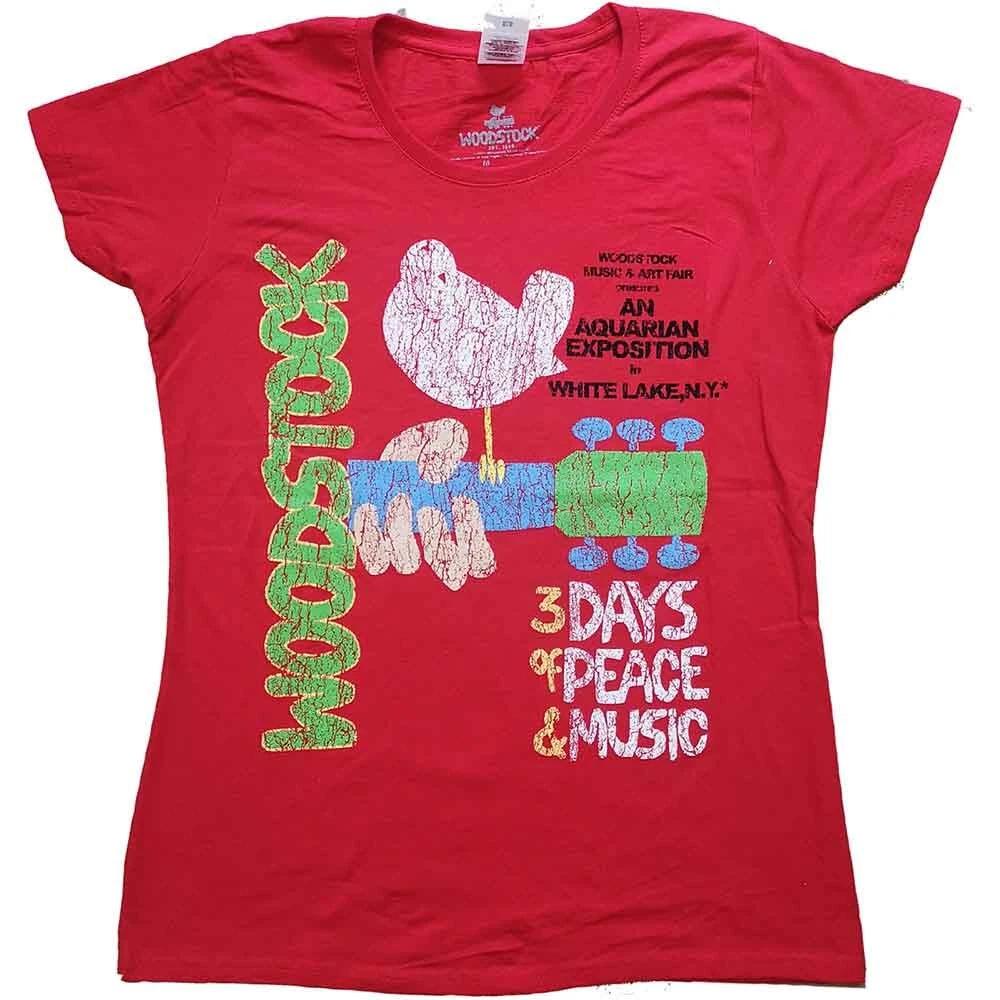 Woodstock T Shirt Vintage Classic Poster Official Womens Skinny Fit Red S 3XL