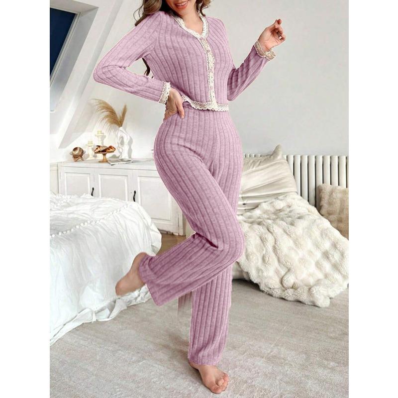 Autumn Winter Lace Patchwork Long Sleeve V-neck Top Elastic Waist Straight Pants Set Ladies Loose Homewear Suit